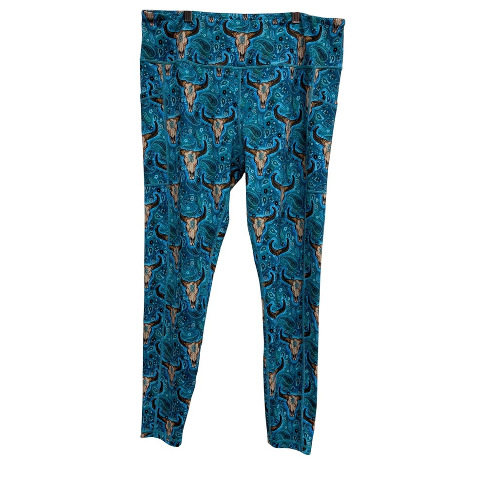 Constantly Varied Gear‎ CVG Teal Bull Skull Paisley Leggings Womens XXL Pockets